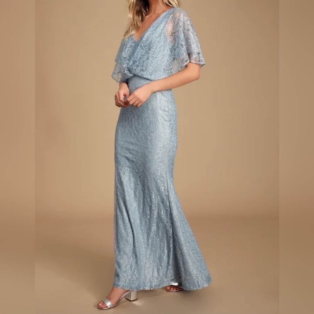 Lulus Bliss Delight Light Blue Lace Flutter Sleeve Maxi Dress, Size XS